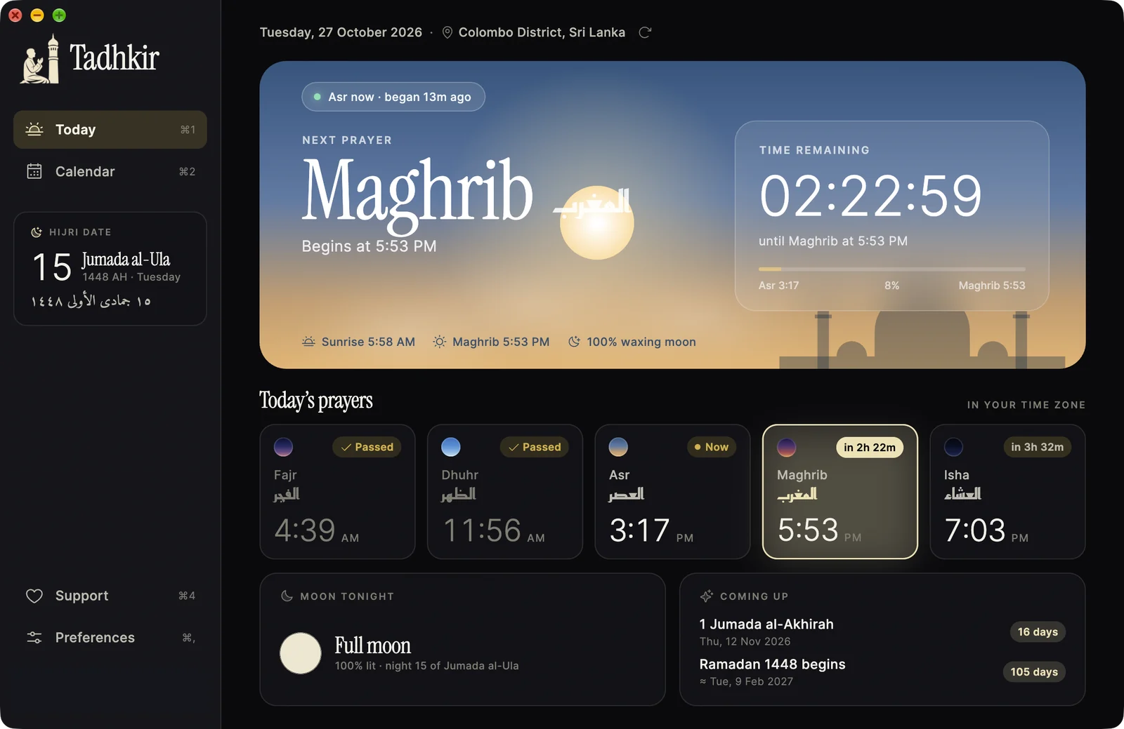 Tadhkir for Mac at dusk: Maghrib is next, with a countdown and the day's prayers